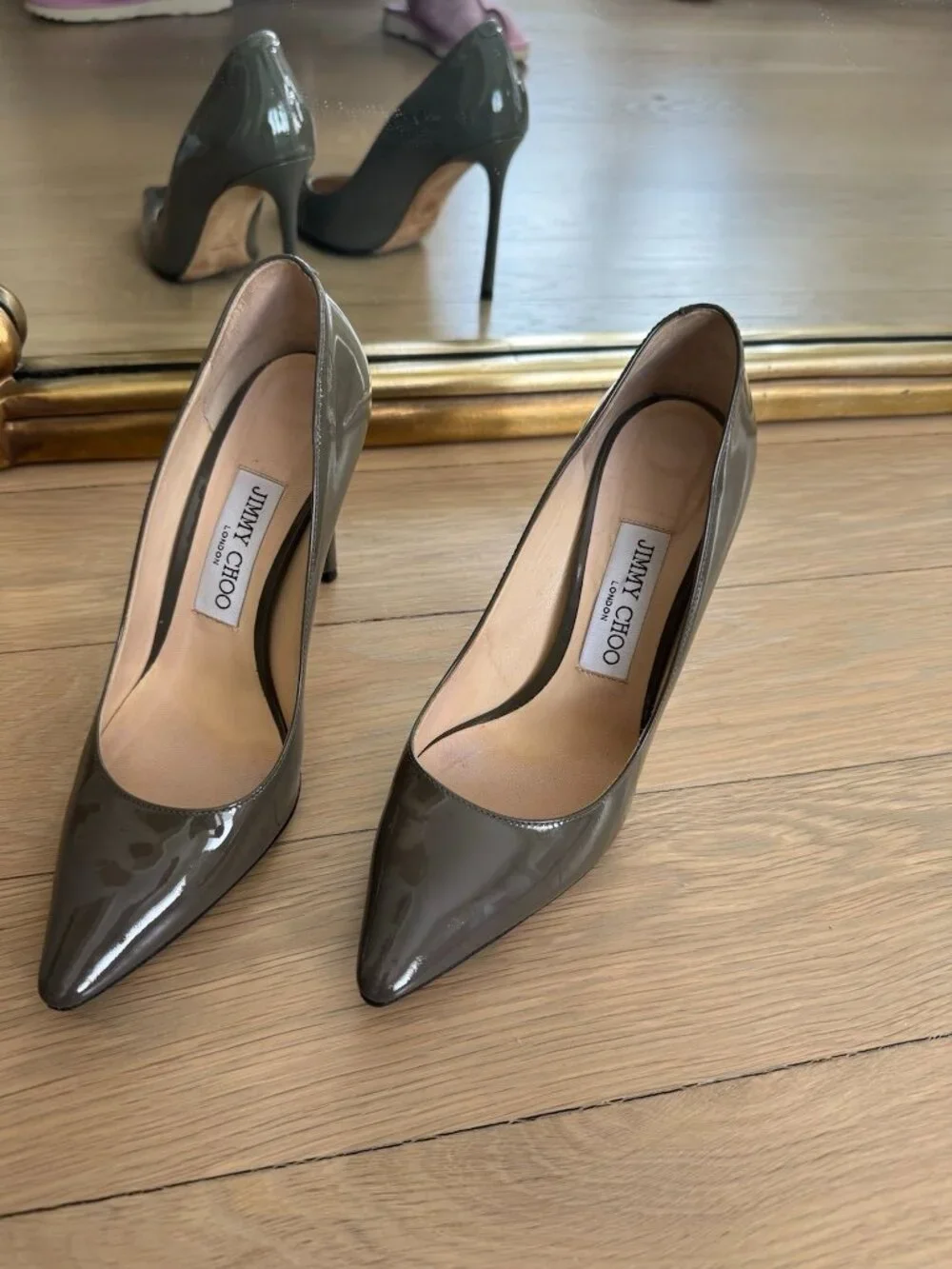 Jimmy Choo Gray Patent Leather Pointed Toe Stiletto Pumps
